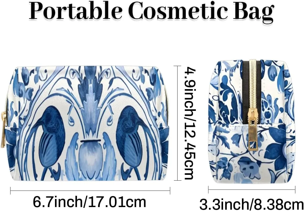 Flowers Retro Boho Printings Travel Makeup Bag for Women, PU Leather Waterproof Checkered Cosmetic Bags Large Make up Bag Zipper Pouch