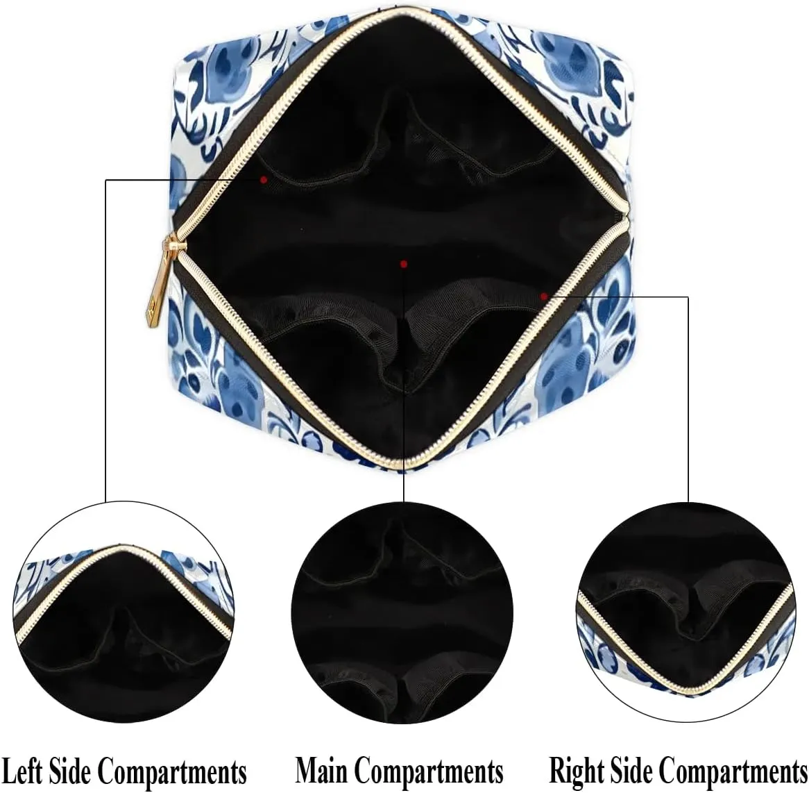 Flowers Retro Boho Printings Travel Makeup Bag for Women, PU Leather Waterproof Checkered Cosmetic Bags Large Make up Bag Zipper Pouch