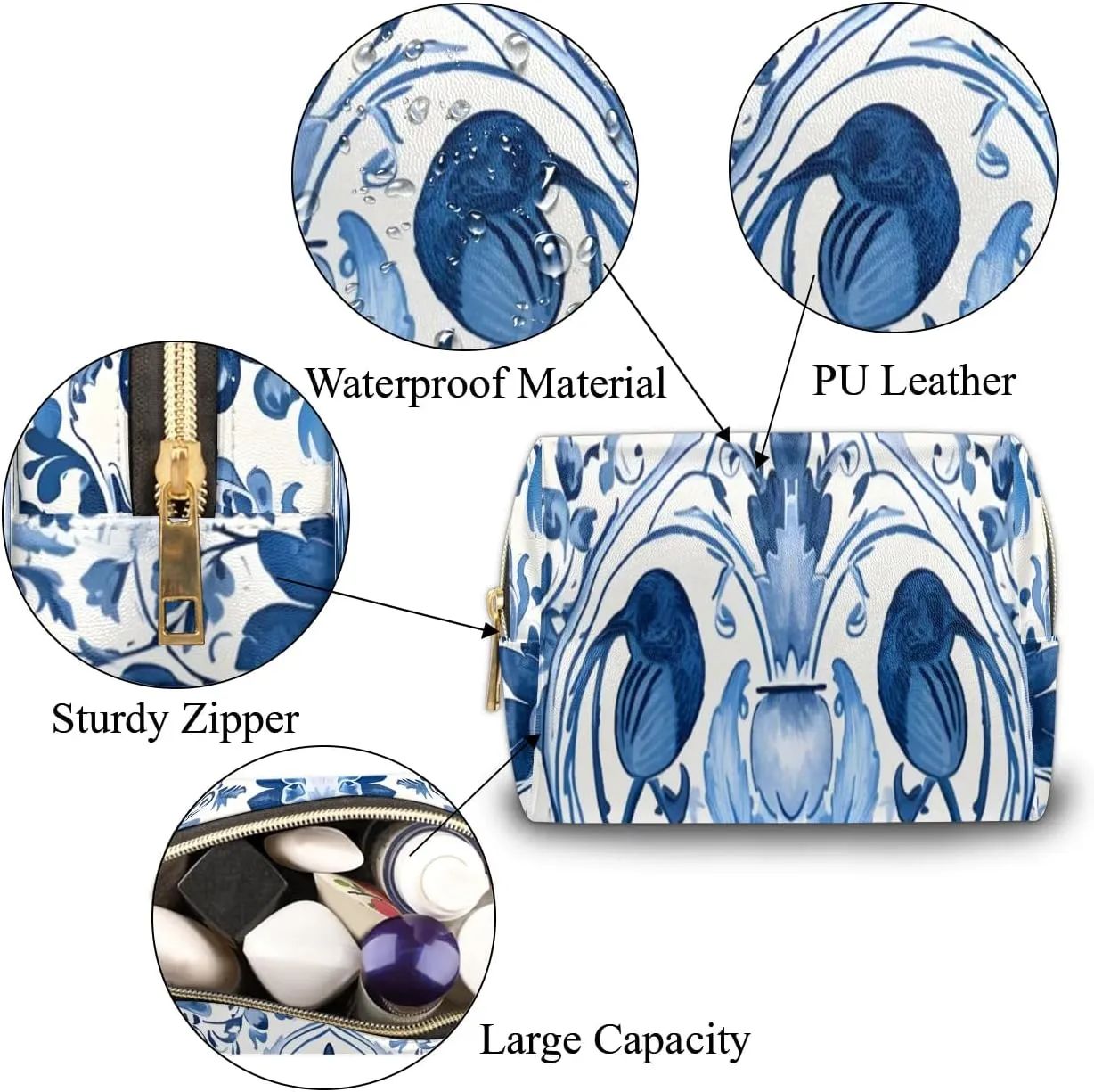 Flowers Retro Boho Printings Travel Makeup Bag for Women, PU Leather Waterproof Checkered Cosmetic Bags Large Make up Bag Zipper Pouch