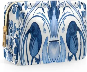 Flowers Retro Boho Printings Travel Makeup Bag for Women, PU Leather Waterproof Checkered Cosmetic Bags Large Make up Bag Zipper Pouch
