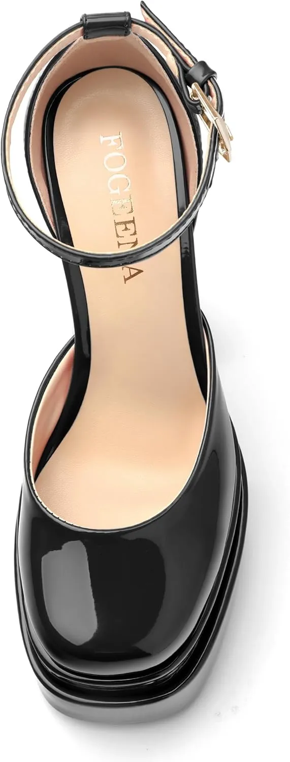 FOGEENA Platform Chunky Heels for Women Block High Heels Patent Closed Round Toe Ankle Strap 5.9 Inch Pumps Fashion Dating Prom Party Dress Shoes