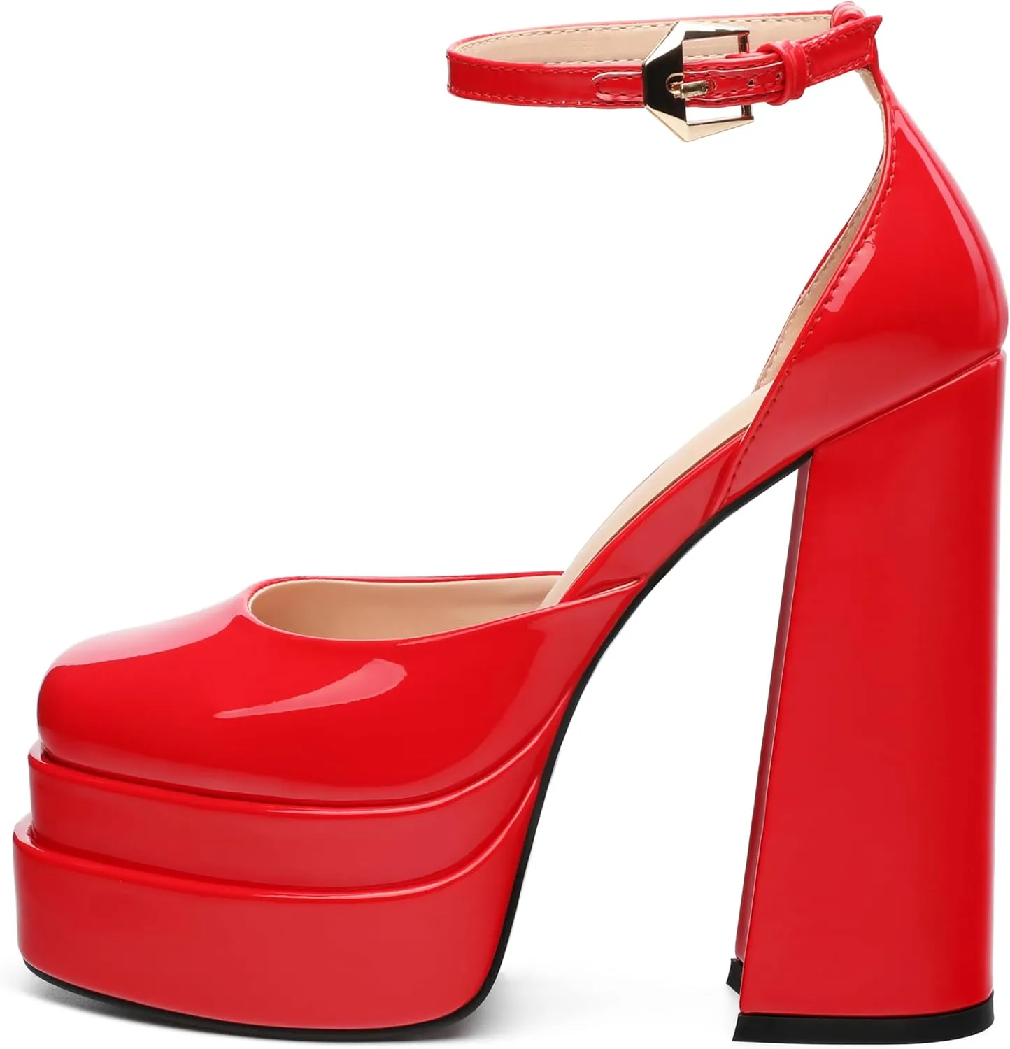 FOGEENA Platform Chunky Heels for Women Block High Heels Patent Closed Round Toe Ankle Strap 5.9 Inch Pumps Fashion Dating Prom Party Dress Shoes