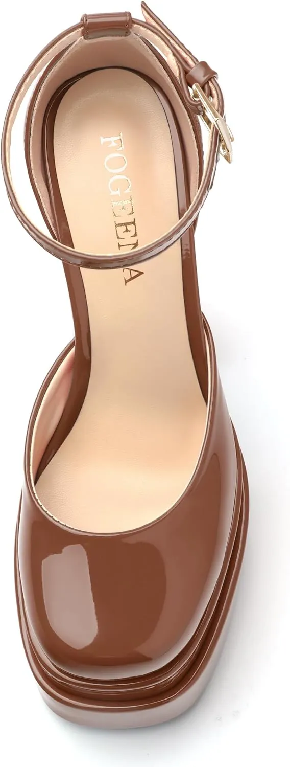 FOGEENA Platform Chunky Heels for Women Block High Heels Patent Closed Round Toe Ankle Strap 5.9 Inch Pumps Fashion Dating Prom Party Dress Shoes
