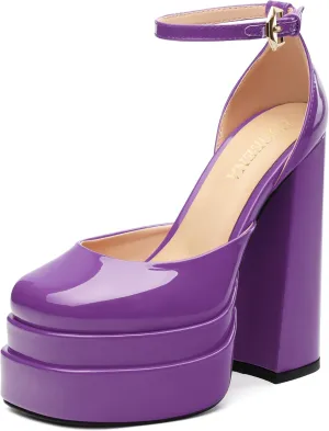 FOGEENA Platform Chunky Heels for Women Block High Heels Patent Closed Round Toe Ankle Strap 5.9 Inch Pumps Fashion Dating Prom Party Dress Shoes
