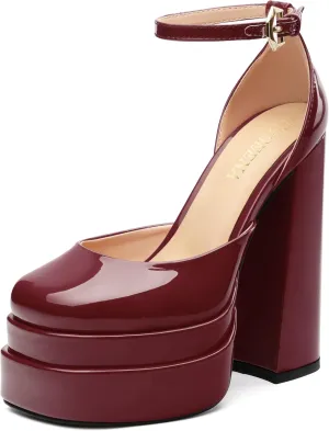 FOGEENA Platform Chunky Heels for Women Block High Heels Patent Closed Round Toe Ankle Strap 5.9 Inch Pumps Fashion Dating Prom Party Dress Shoes