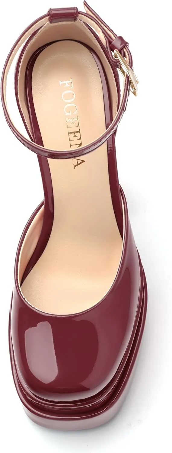 FOGEENA Platform Chunky Heels for Women Block High Heels Patent Closed Round Toe Ankle Strap 5.9 Inch Pumps Fashion Dating Prom Party Dress Shoes