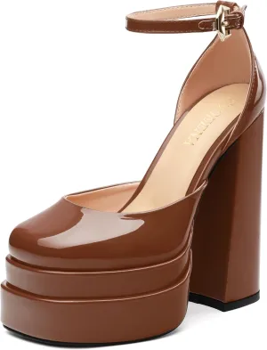 FOGEENA Platform Chunky Heels for Women Block High Heels Patent Closed Round Toe Ankle Strap 5.9 Inch Pumps Fashion Dating Prom Party Dress Shoes