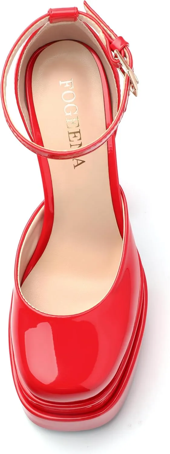 FOGEENA Platform Chunky Heels for Women Block High Heels Patent Closed Round Toe Ankle Strap 5.9 Inch Pumps Fashion Dating Prom Party Dress Shoes