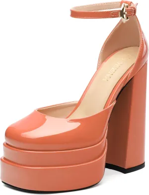 FOGEENA Platform Chunky Heels for Women Block High Heels Patent Closed Round Toe Ankle Strap 5.9 Inch Pumps Fashion Dating Prom Party Dress Shoes
