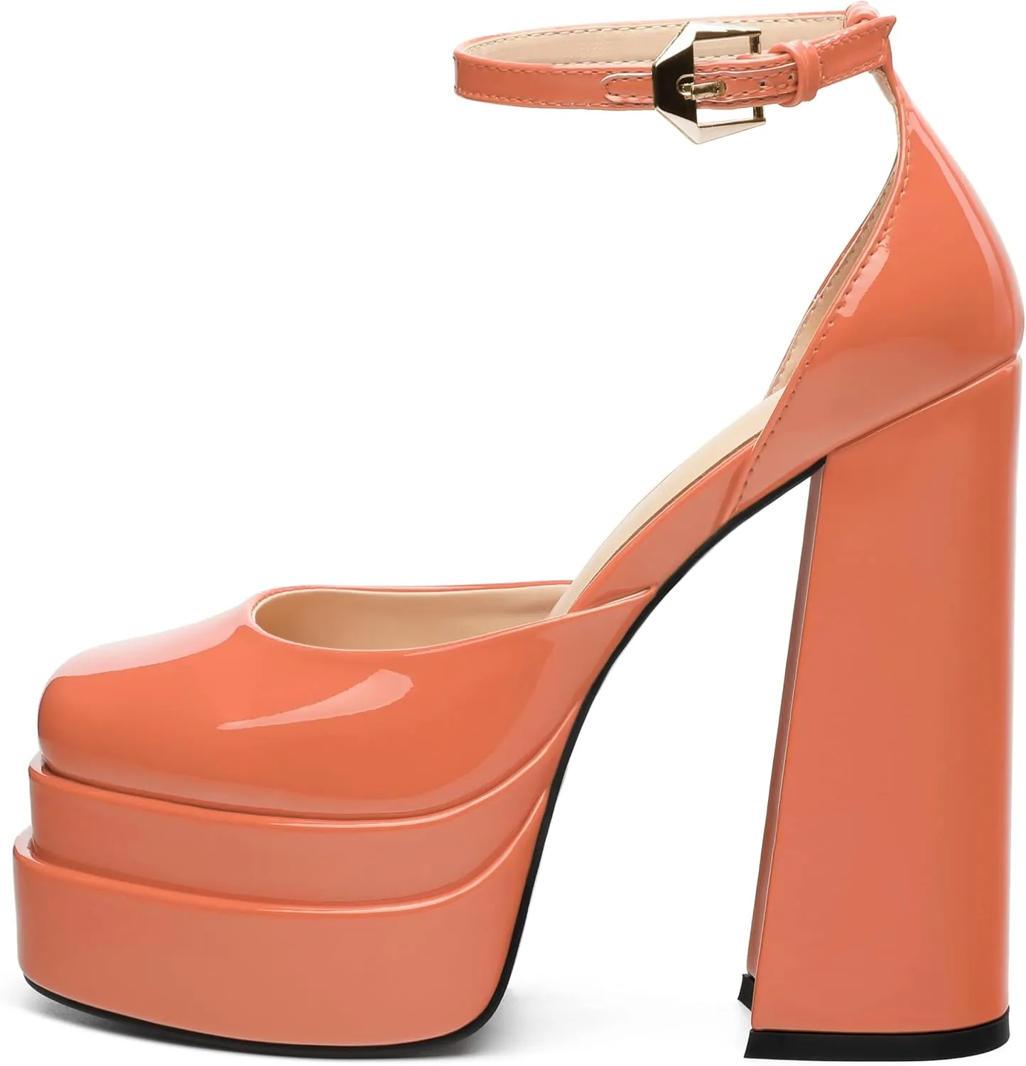 FOGEENA Platform Chunky Heels for Women Block High Heels Patent Closed Round Toe Ankle Strap 5.9 Inch Pumps Fashion Dating Prom Party Dress Shoes