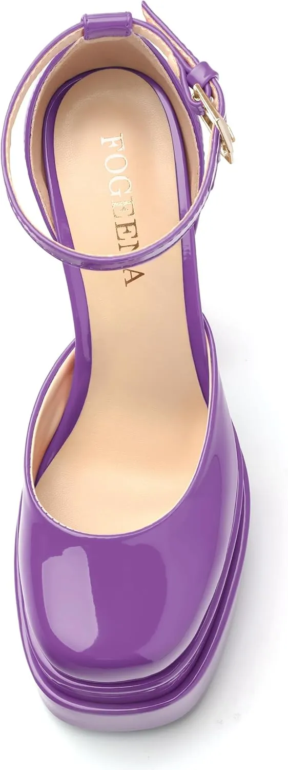 FOGEENA Platform Chunky Heels for Women Block High Heels Patent Closed Round Toe Ankle Strap 5.9 Inch Pumps Fashion Dating Prom Party Dress Shoes