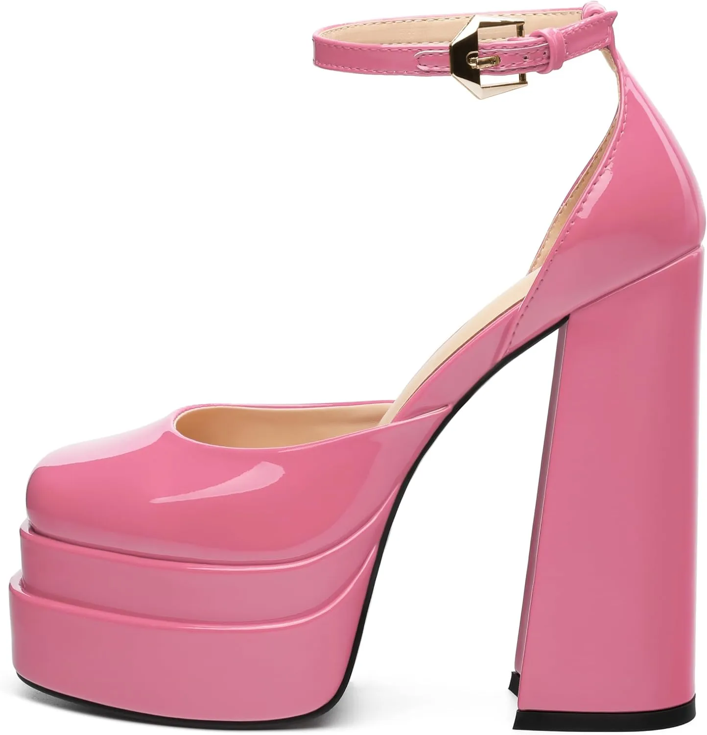 FOGEENA Platform Chunky Heels for Women Block High Heels Patent Closed Round Toe Ankle Strap 5.9 Inch Pumps Fashion Dating Prom Party Dress Shoes