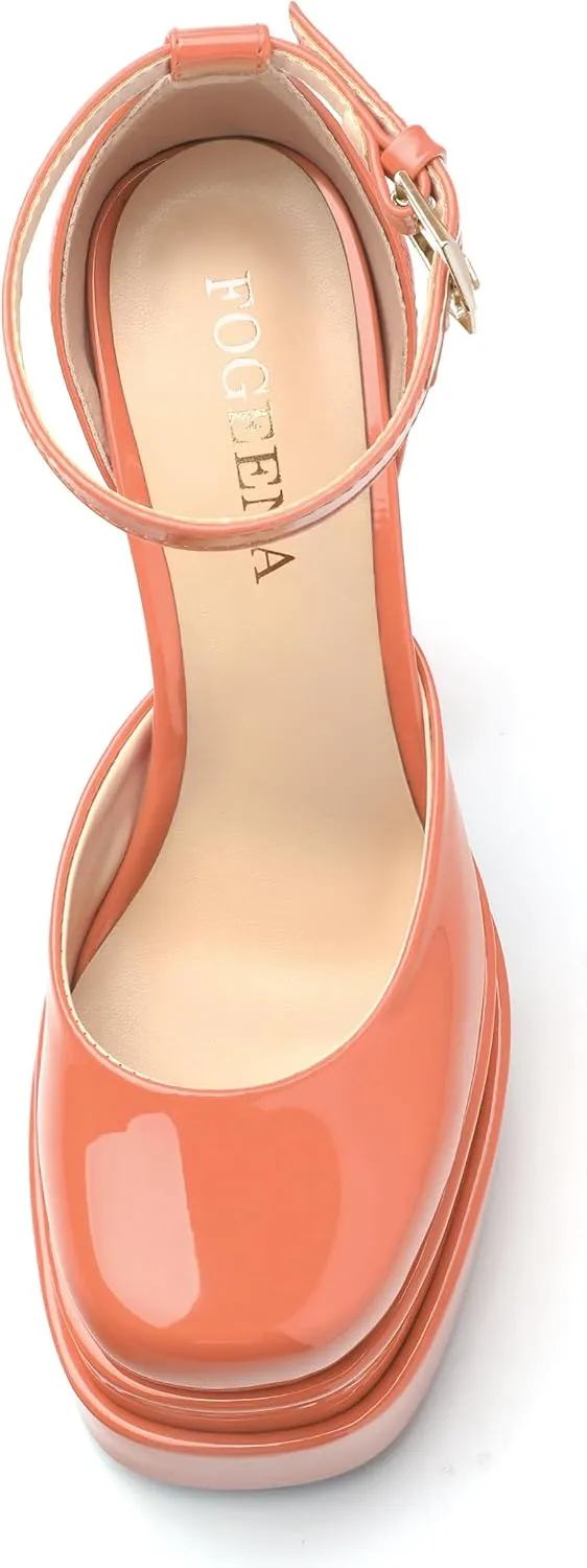 FOGEENA Platform Chunky Heels for Women Block High Heels Patent Closed Round Toe Ankle Strap 5.9 Inch Pumps Fashion Dating Prom Party Dress Shoes