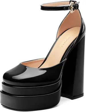 FOGEENA Platform Chunky Heels for Women Block High Heels Patent Closed Round Toe Ankle Strap 5.9 Inch Pumps Fashion Dating Prom Party Dress Shoes