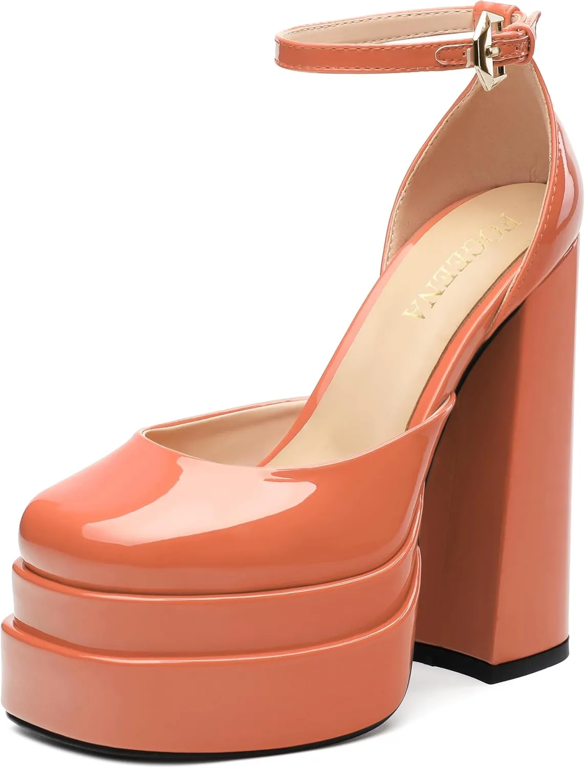FOGEENA Platform Chunky Heels for Women Block High Heels Patent Closed Round Toe Ankle Strap 5.9 Inch Pumps Fashion Dating Prom Party Dress Shoes