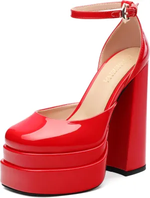 FOGEENA Platform Chunky Heels for Women Block High Heels Patent Closed Round Toe Ankle Strap 5.9 Inch Pumps Fashion Dating Prom Party Dress Shoes