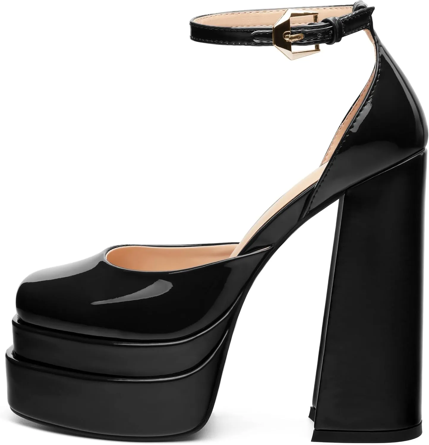 FOGEENA Platform Chunky Heels for Women Block High Heels Patent Closed Round Toe Ankle Strap 5.9 Inch Pumps Fashion Dating Prom Party Dress Shoes