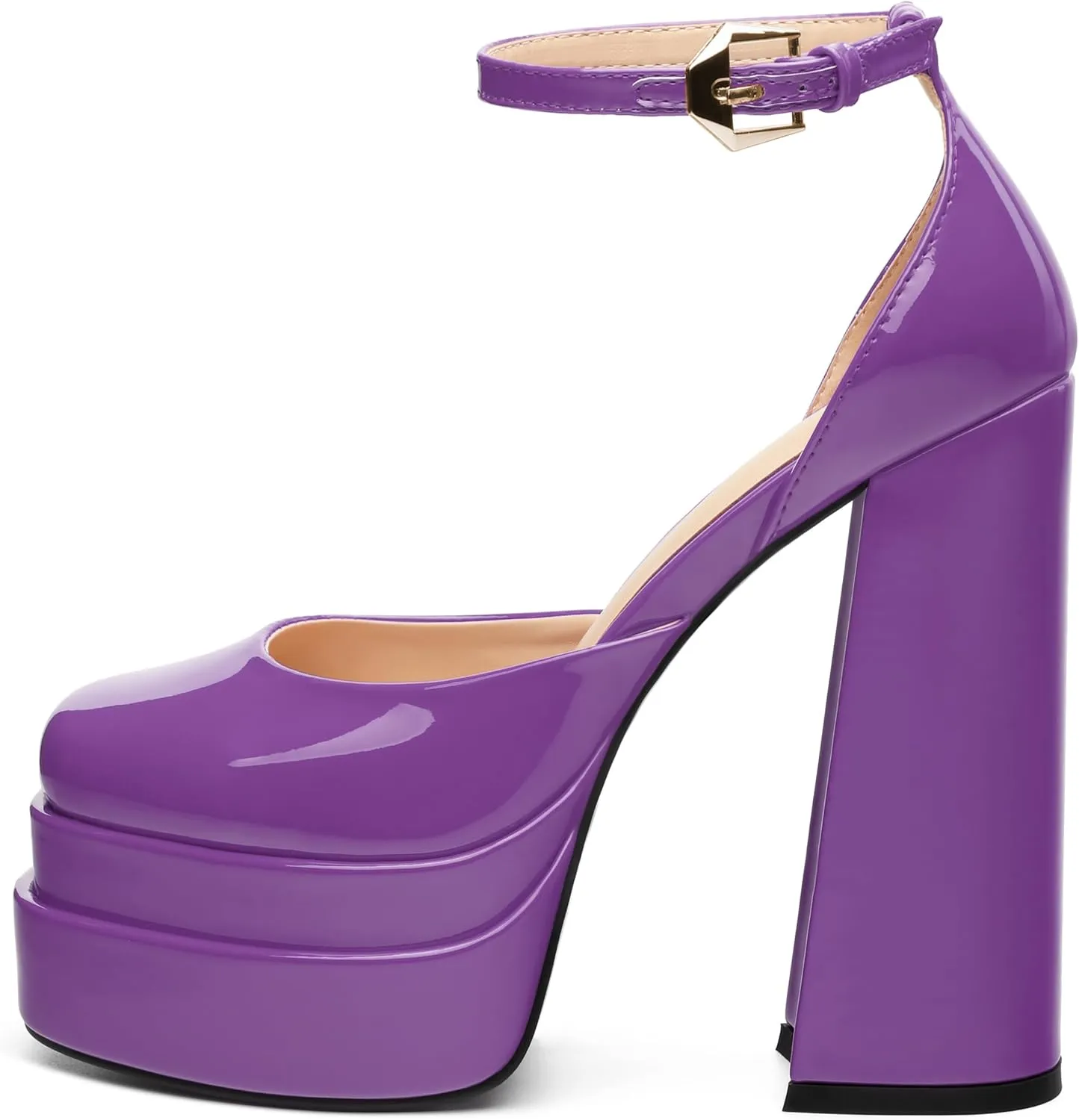 FOGEENA Platform Chunky Heels for Women Block High Heels Patent Closed Round Toe Ankle Strap 5.9 Inch Pumps Fashion Dating Prom Party Dress Shoes