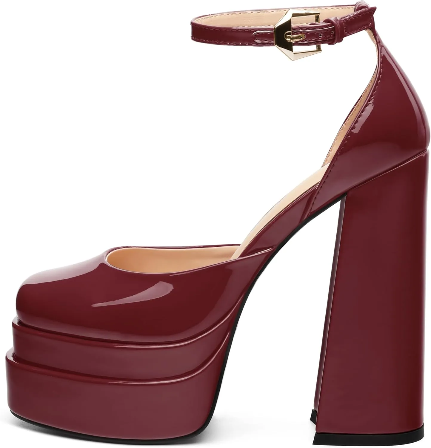 FOGEENA Platform Chunky Heels for Women Block High Heels Patent Closed Round Toe Ankle Strap 5.9 Inch Pumps Fashion Dating Prom Party Dress Shoes