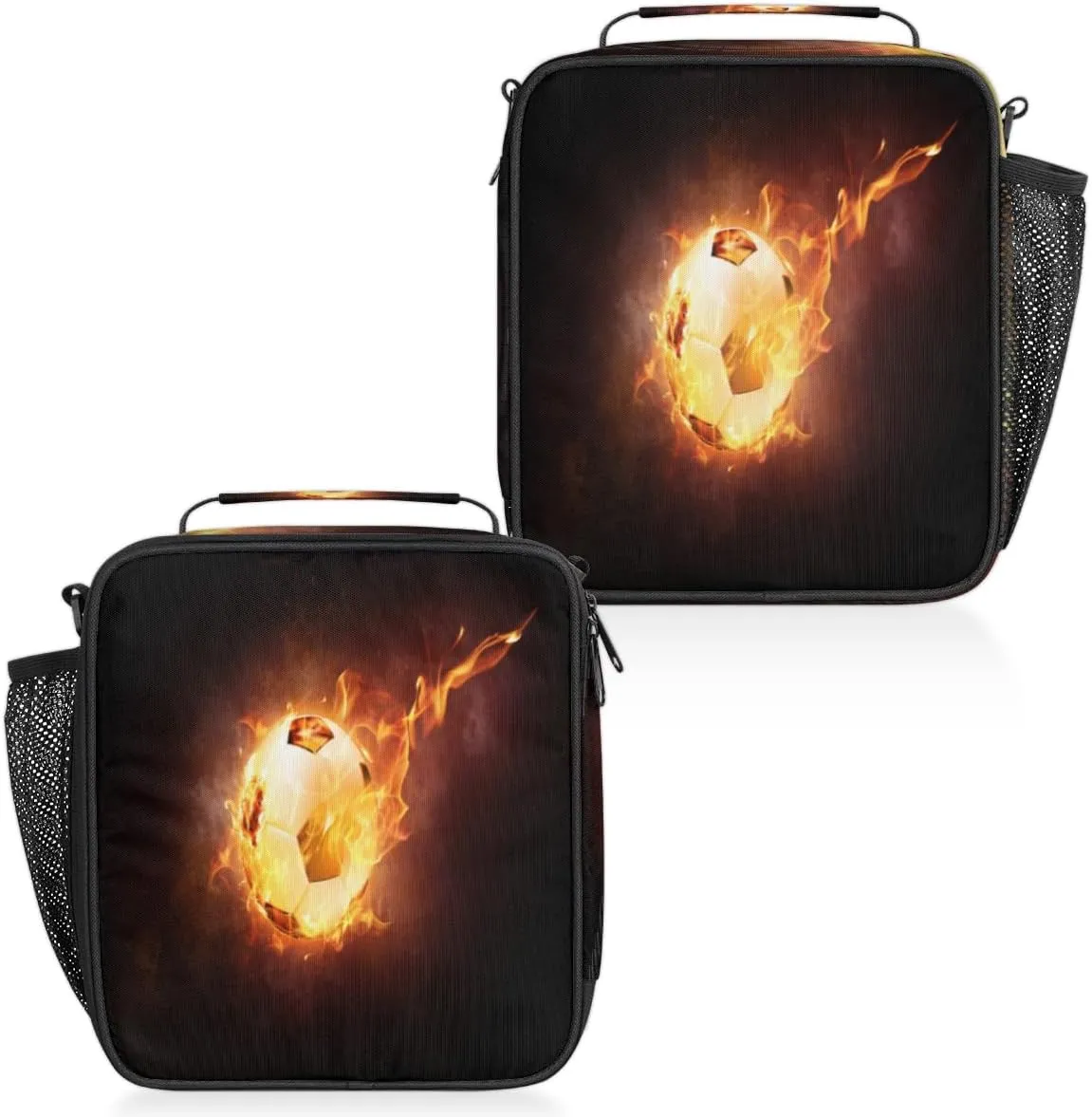 Football Fire Flames Burn Insulated Lunch Bag Reusable Waterproofing Lunch Box with Shoulder Strap Handle and Water Bottle Net Bag for Travel Camping Beach Picnic
