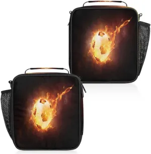 Football Fire Flames Burn Insulated Lunch Bag Reusable Waterproofing Lunch Box with Shoulder Strap Handle and Water Bottle Net Bag for Travel Camping Beach Picnic