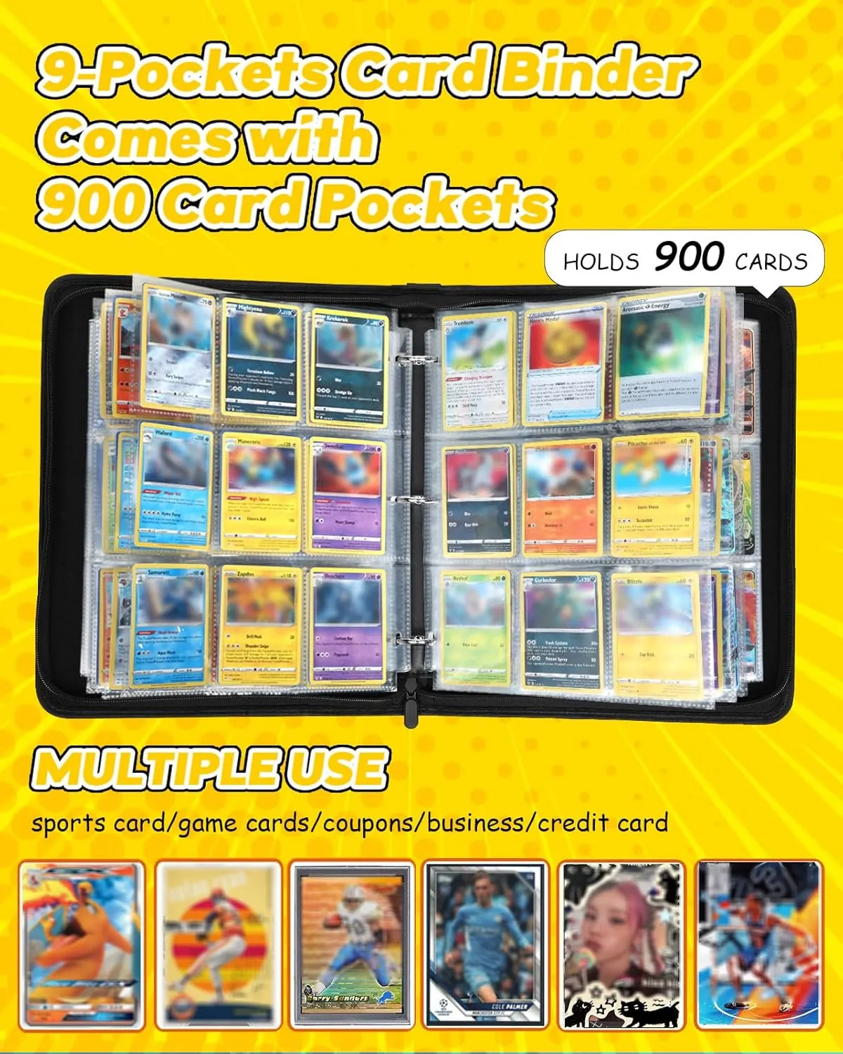 for 9 Pocket Card Binder Large Capacity for 900 Cards - Trading Card Collection Album Folder Double Sided Pocket with Zipper Game Pattern Design for Men Boys Teens for Sports Cards Game Cards