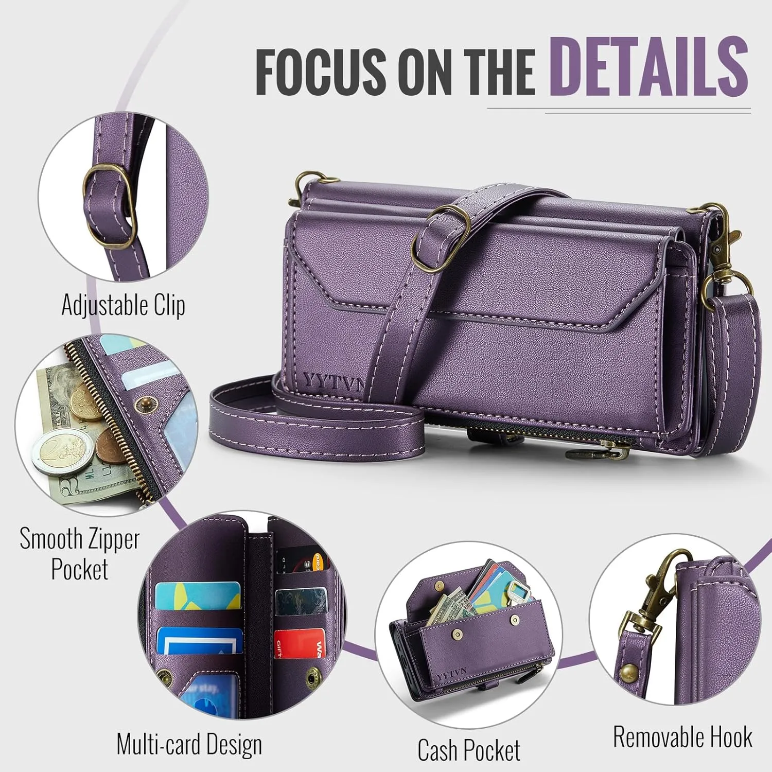for iPhone 14 Pro Wallet Case with Zipper Card Holder & Crossbody Lanyard Strap & Wrist Strap, RFID Blocking PU Leather Magnetic Flip Handbag Purse Case for iPhone 14 Pro -Purple