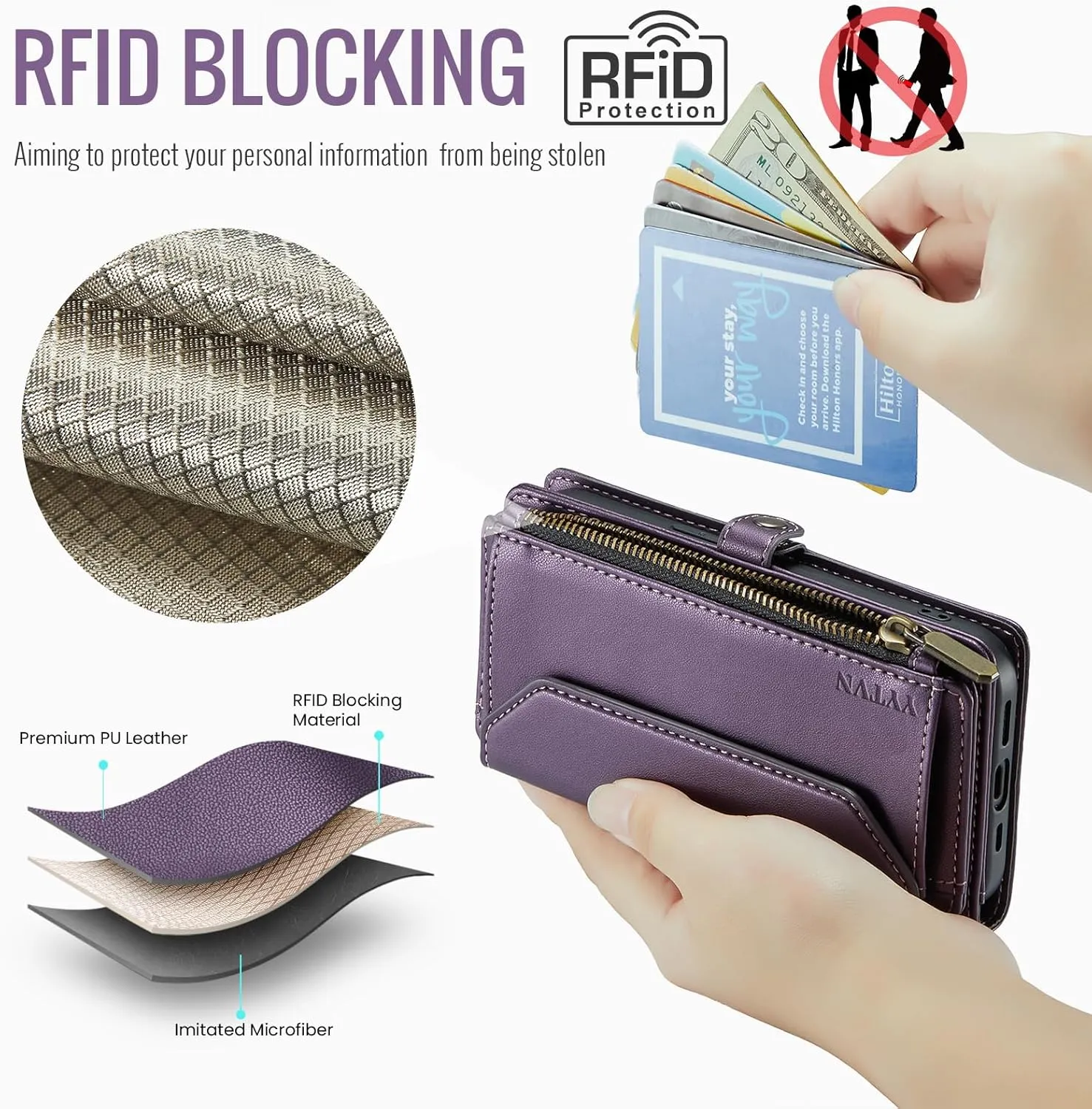 for iPhone 14 Pro Wallet Case with Zipper Card Holder & Crossbody Lanyard Strap & Wrist Strap, RFID Blocking PU Leather Magnetic Flip Handbag Purse Case for iPhone 14 Pro -Purple
