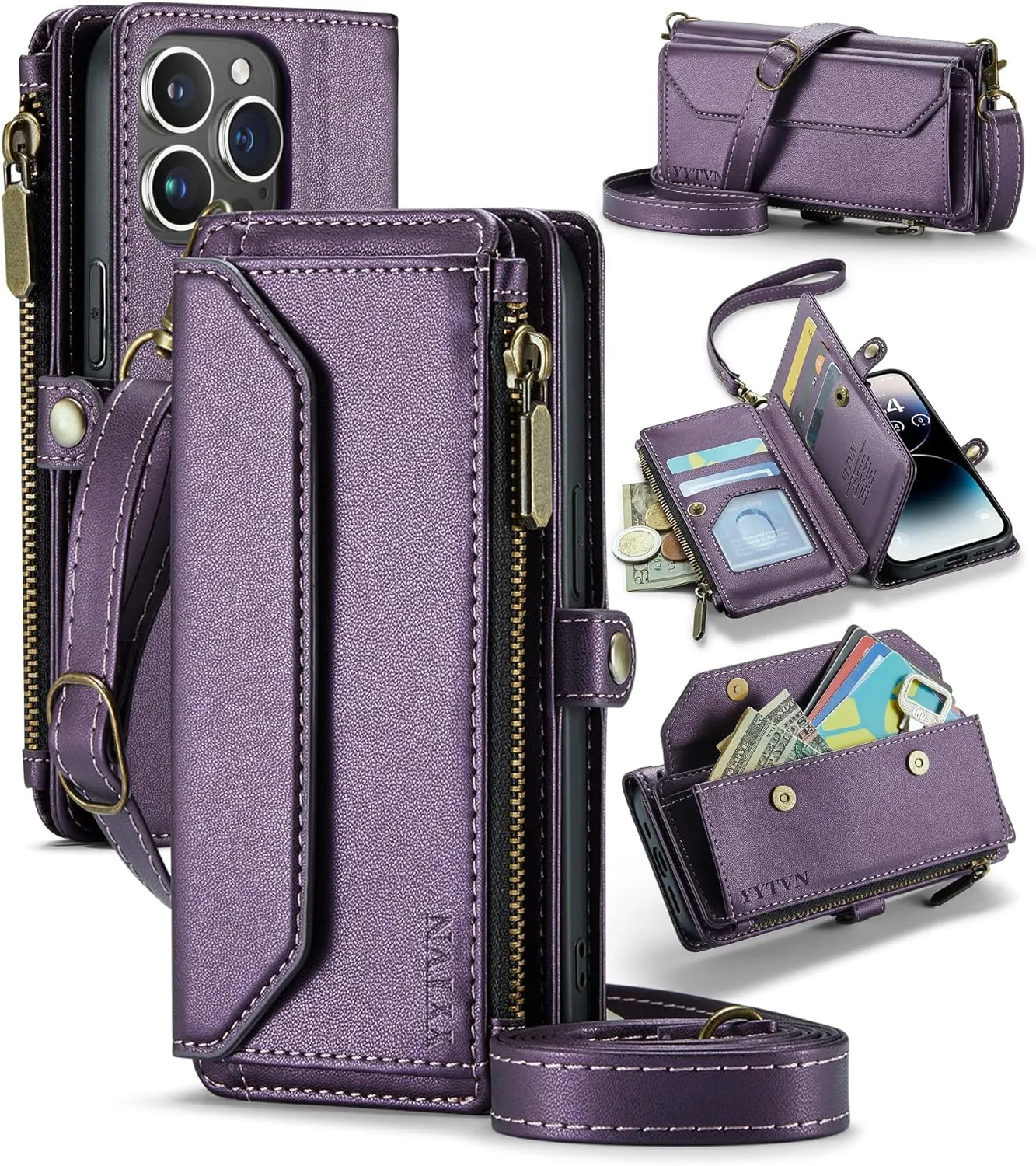 for iPhone 14 Pro Wallet Case with Zipper Card Holder & Crossbody Lanyard Strap & Wrist Strap, RFID Blocking PU Leather Magnetic Flip Handbag Purse Case for iPhone 14 Pro -Purple