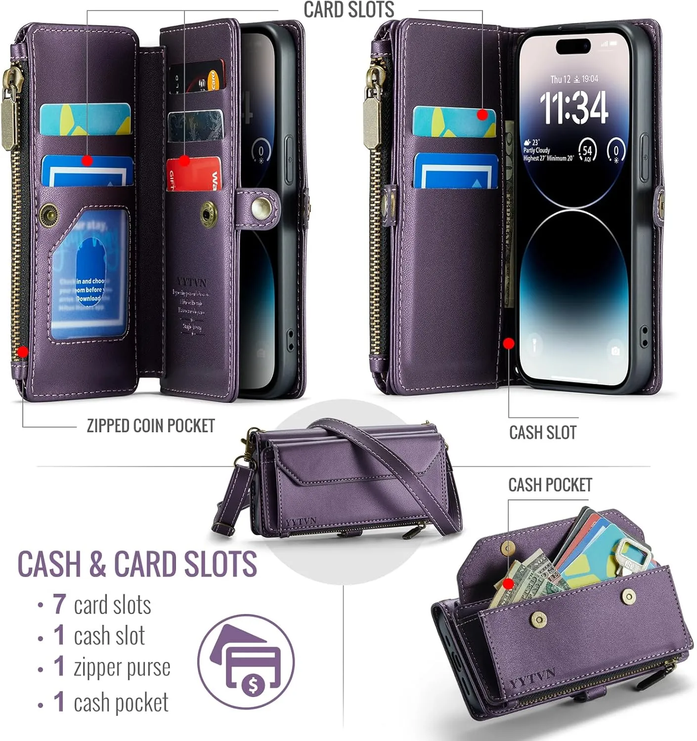 for iPhone 14 Pro Wallet Case with Zipper Card Holder & Crossbody Lanyard Strap & Wrist Strap, RFID Blocking PU Leather Magnetic Flip Handbag Purse Case for iPhone 14 Pro -Purple