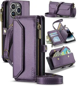 for iPhone 14 Pro Wallet Case with Zipper Card Holder & Crossbody Lanyard Strap & Wrist Strap, RFID Blocking PU Leather Magnetic Flip Handbag Purse Case for iPhone 14 Pro -Purple