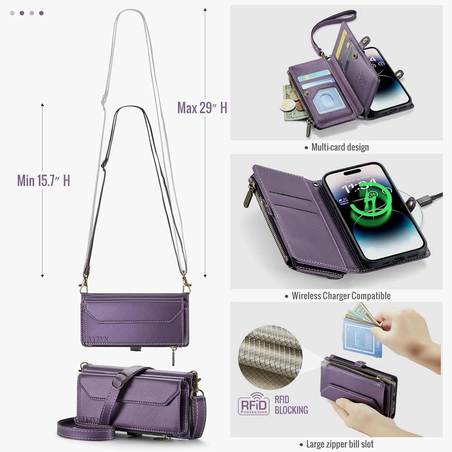 for iPhone 14 Pro Wallet Case with Zipper Card Holder & Crossbody Lanyard Strap & Wrist Strap, RFID Blocking PU Leather Magnetic Flip Handbag Purse Case for iPhone 14 Pro -Purple