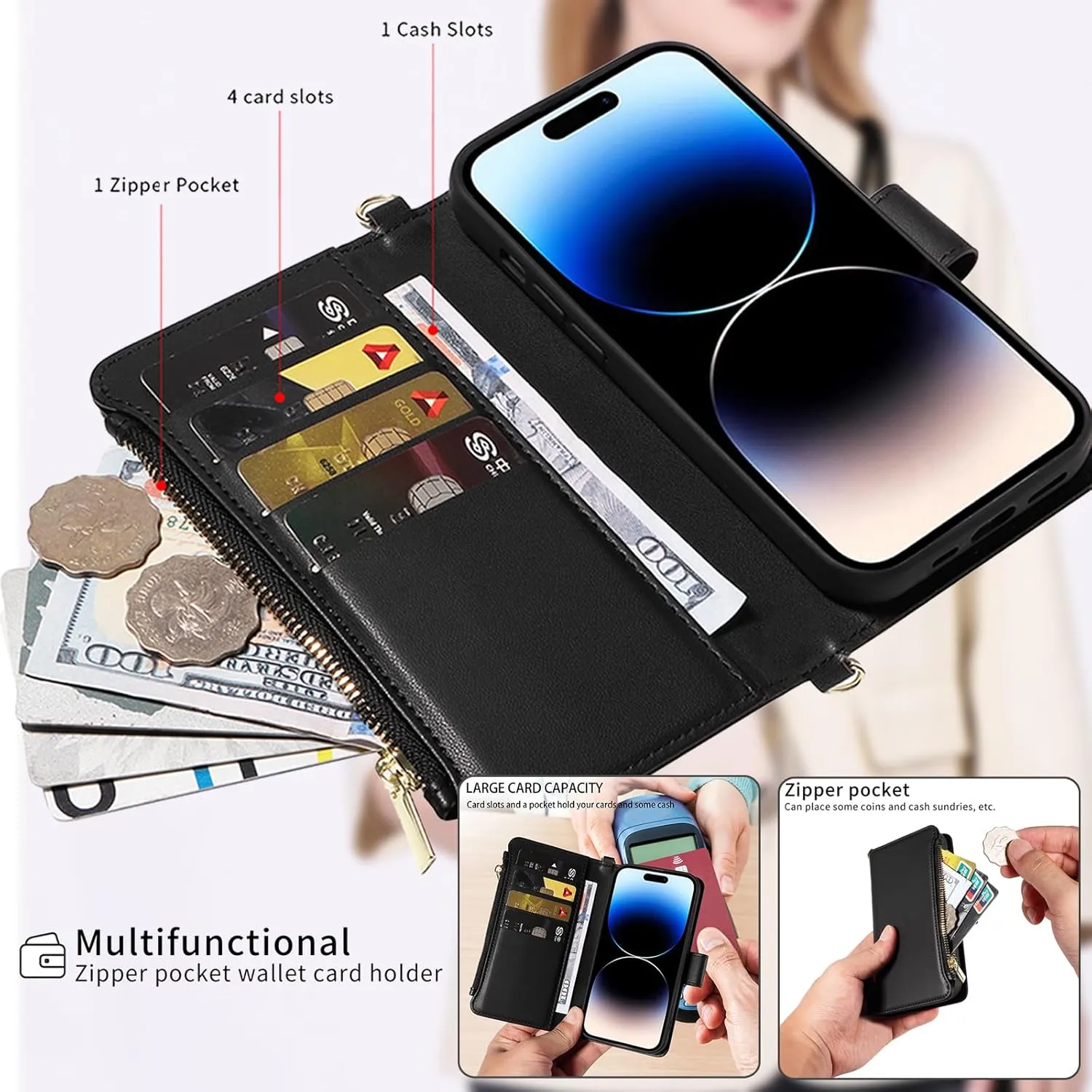 for iPhone 16 Pro Max(6.9 inches) Detachable Wallet Case with Crossbody.Multi-Function 2 in 1 Magnetic Wallet Case with Card Holder.Flip Strap Zipper Phone Case with Shoulder Straps Black