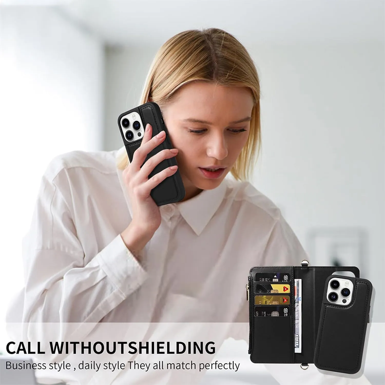 for iPhone 16 Pro Max(6.9 inches) Detachable Wallet Case with Crossbody.Multi-Function 2 in 1 Magnetic Wallet Case with Card Holder.Flip Strap Zipper Phone Case with Shoulder Straps Black