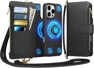 for iPhone 16 Pro Max(6.9 inches) Detachable Wallet Case with Crossbody.Multi-Function 2 in 1 Magnetic Wallet Case with Card Holder.Flip Strap Zipper Phone Case with Shoulder Straps Black