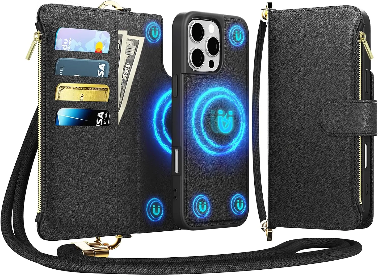 for iPhone 16 Pro Max(6.9 inches) Detachable Wallet Case with Crossbody.Multi-Function 2 in 1 Magnetic Wallet Case with Card Holder.Flip Strap Zipper Phone Case with Shoulder Straps Black