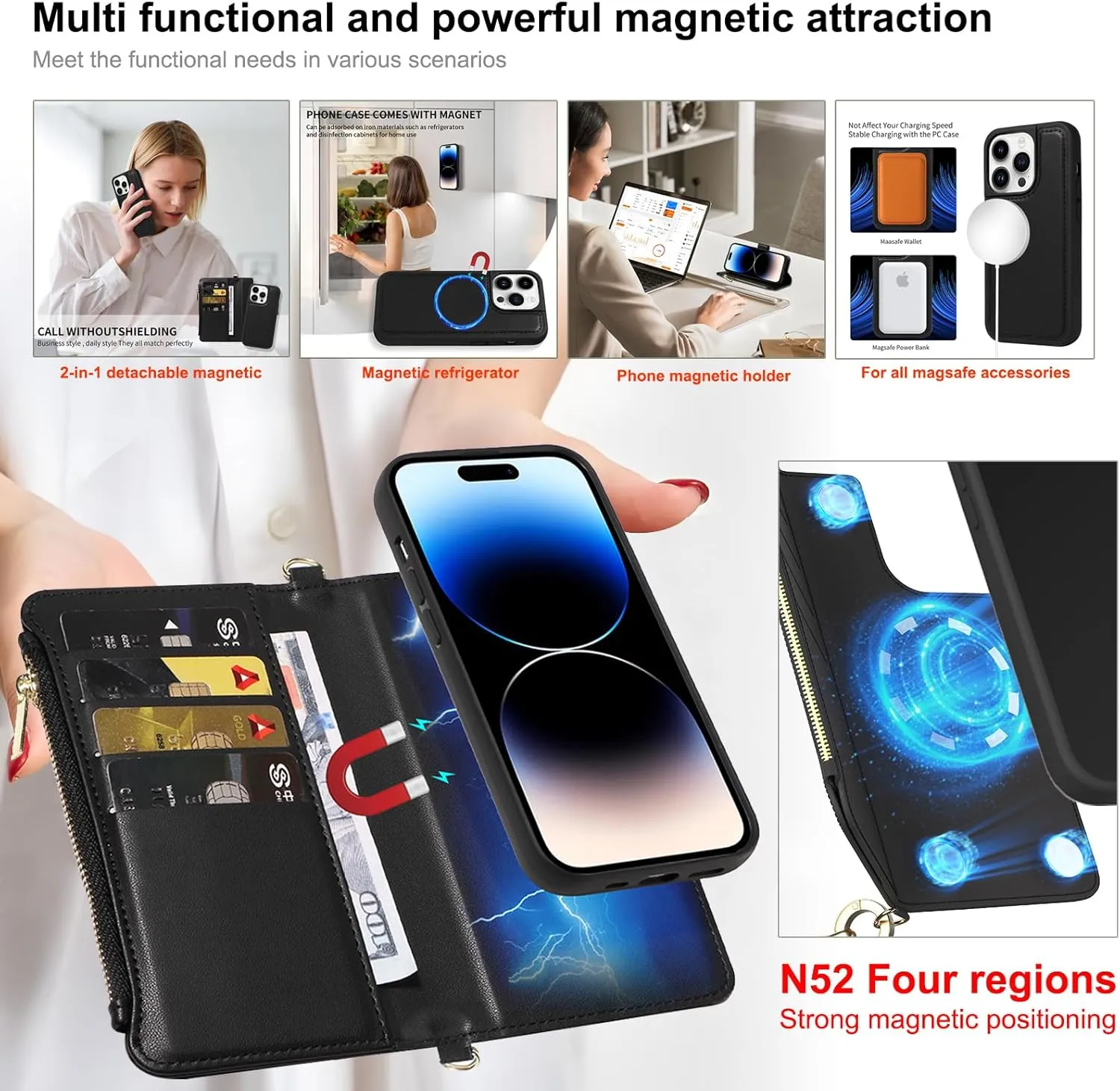 for iPhone 16 Pro Max(6.9 inches) Detachable Wallet Case with Crossbody.Multi-Function 2 in 1 Magnetic Wallet Case with Card Holder.Flip Strap Zipper Phone Case with Shoulder Straps Black