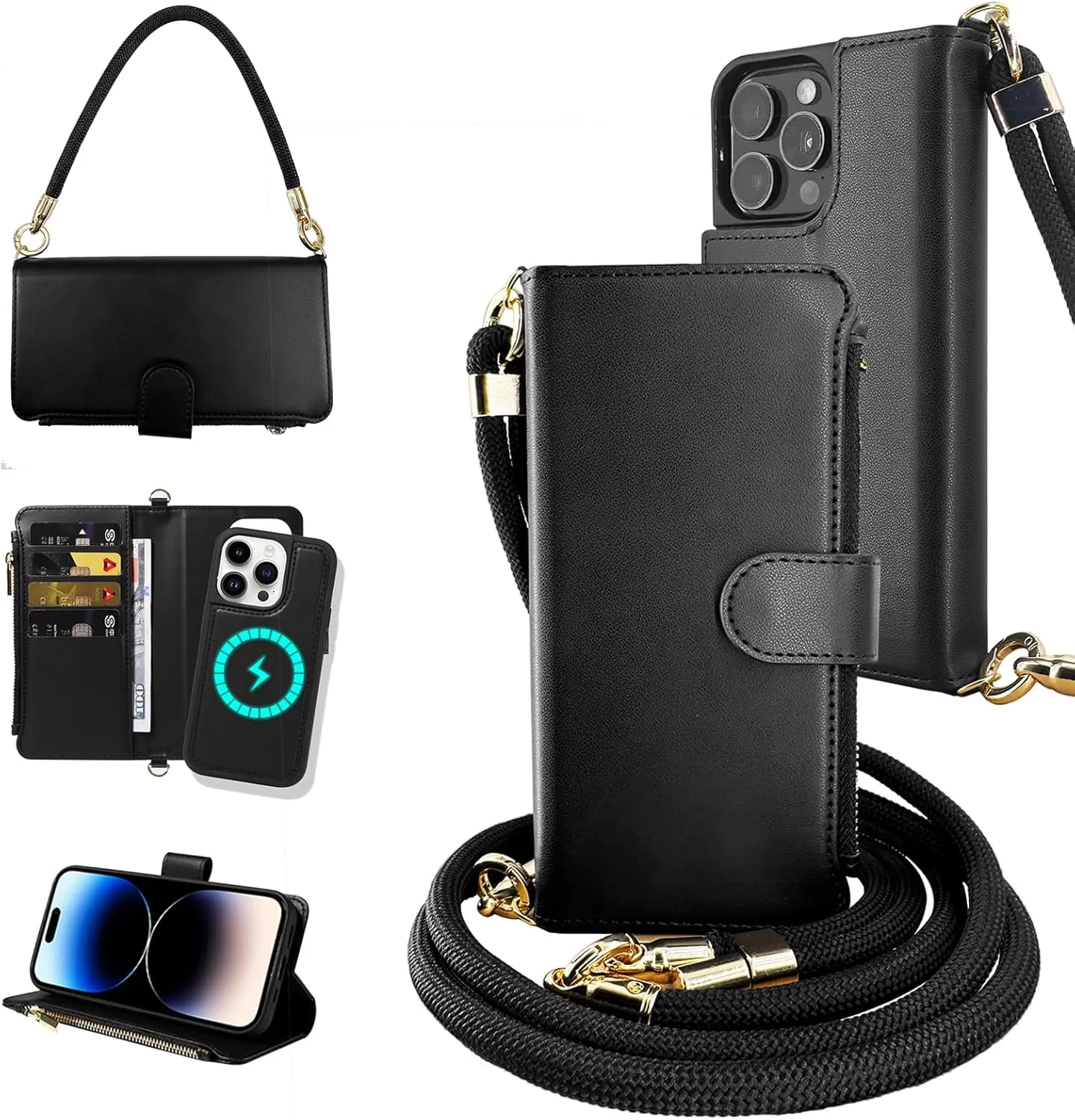 for iPhone 16 Pro Max(6.9 inches) Detachable Wallet Case with Crossbody.Multi-Function 2 in 1 Magnetic Wallet Case with Card Holder.Flip Strap Zipper Phone Case with Shoulder Straps Black