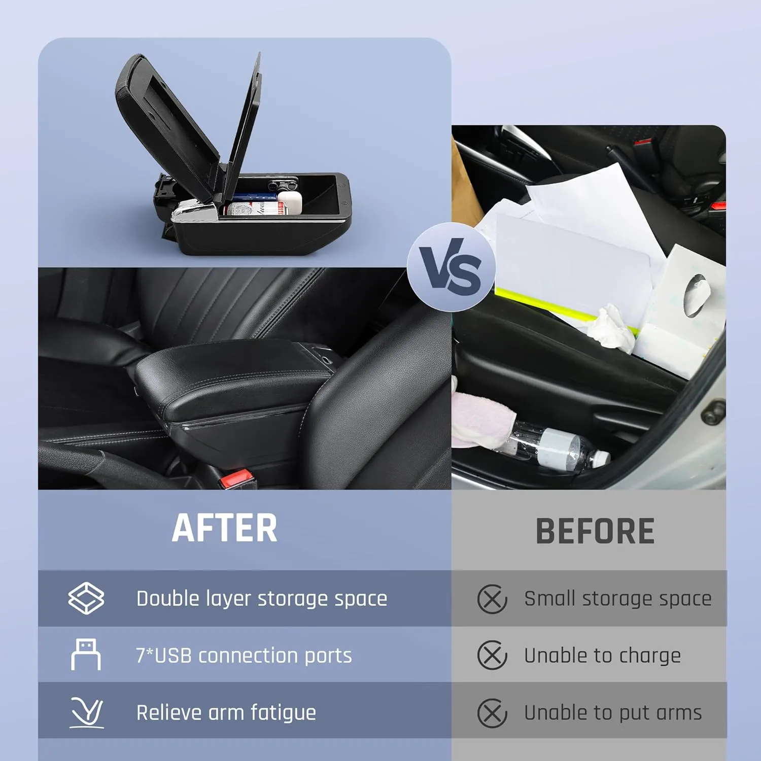 for Mitsubishi Mirage Attrage 2014-2024 Armrest Box with 7 USB Ports Center Storage Box Double-Layer Hand Centre Consoles with Cup Holder (7 USB Ports, Black Thread)
