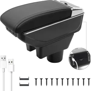 for Mitsubishi Mirage Attrage 2014-2024 Armrest Box with 7 USB Ports Center Storage Box Double-Layer Hand Centre Consoles with Cup Holder (7 USB Ports, Black Thread)
