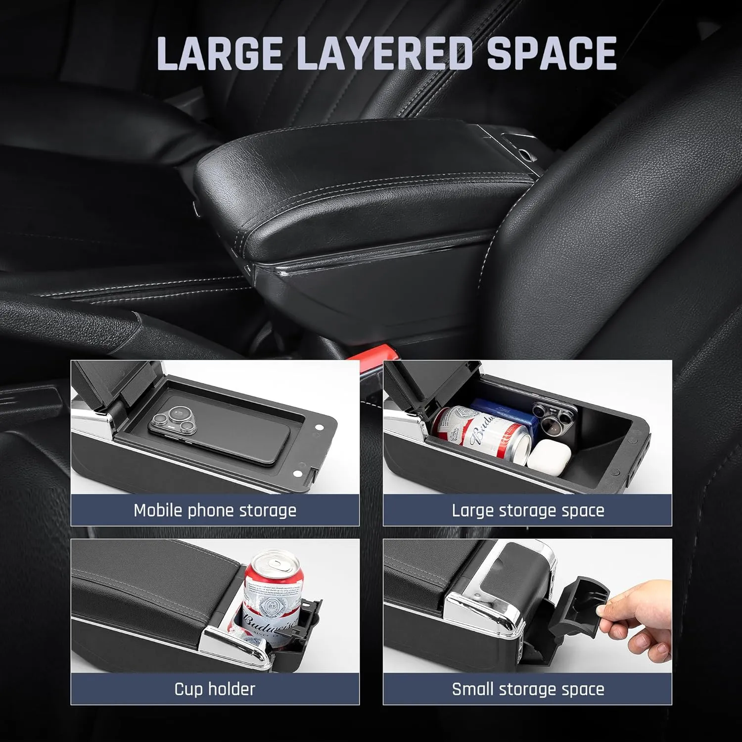 for Mitsubishi Mirage Attrage 2014-2024 Armrest Box with 7 USB Ports Center Storage Box Double-Layer Hand Centre Consoles with Cup Holder (7 USB Ports, Black Thread)