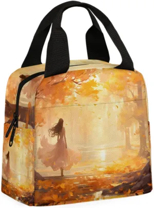 Forest Autumn Lane Insulated Lunch Box for Women Men,Cooler Lunch Bag Lunch Tote Bag,Women Portable Thermal Lunch Bags for Outdoor Picnic
