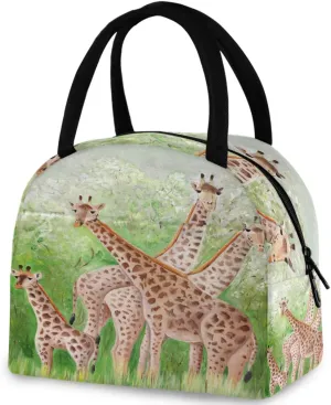 Forest Giraffe Family Reusable Lunch Tote Bag with Front Pocket Zipper Closure Insulated Thermal Cooler Container Bag for Man Women Work Picnic Travel Beach Fishing