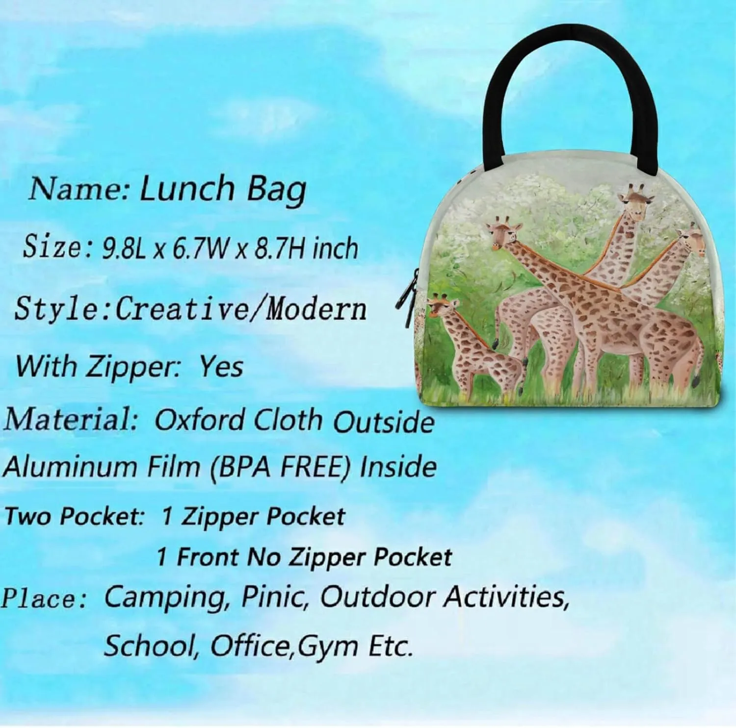 Forest Giraffe Family Reusable Lunch Tote Bag with Front Pocket Zipper Closure Insulated Thermal Cooler Container Bag for Man Women Work Picnic Travel Beach Fishing