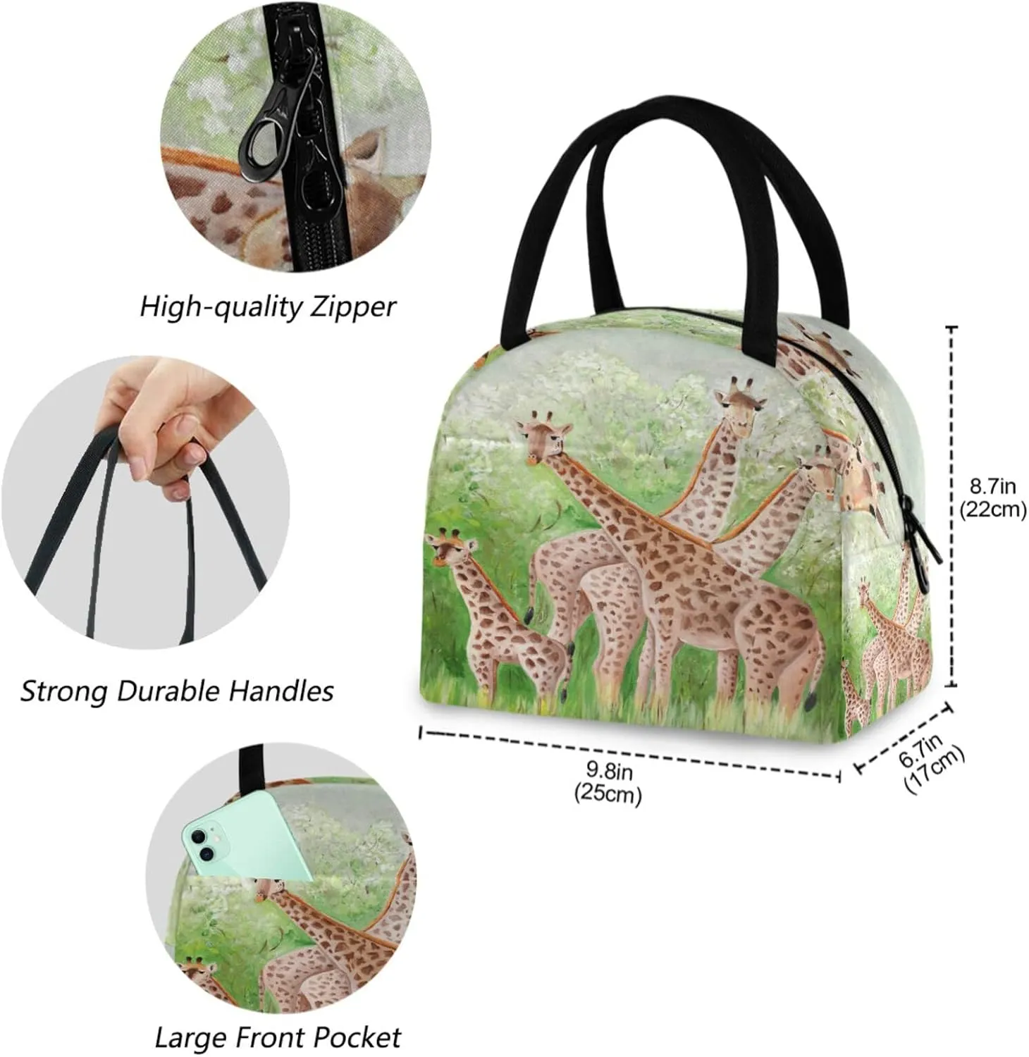 Forest Giraffe Family Reusable Lunch Tote Bag with Front Pocket Zipper Closure Insulated Thermal Cooler Container Bag for Man Women Work Picnic Travel Beach Fishing