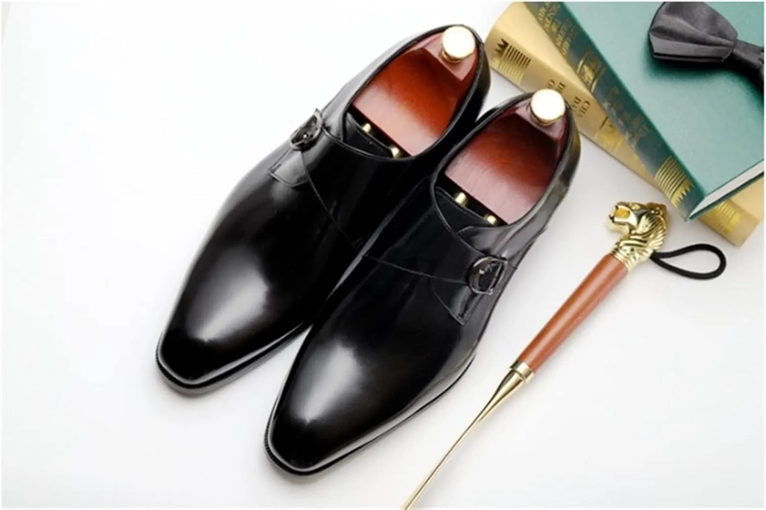 Formal Dress Shoes for Men Slip On Monk Strap Round Toe Cowhide Low Top Slip Resistant Block Heel Anti-Slip Non Slip Outdoor Suitable for Many Occasions