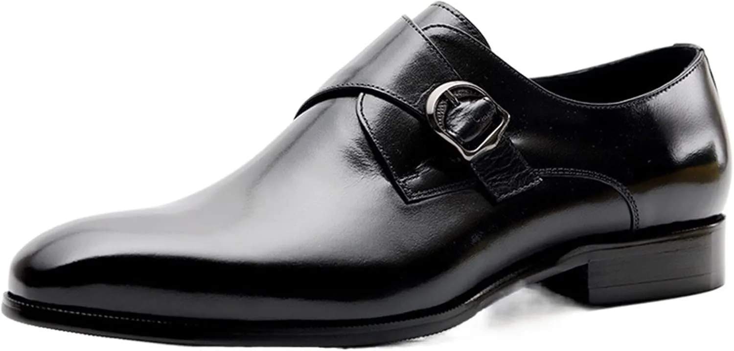 Formal Dress Shoes for Men Slip On Monk Strap Round Toe Cowhide Low Top Slip Resistant Block Heel Anti-Slip Non Slip Outdoor Suitable for Many Occasions