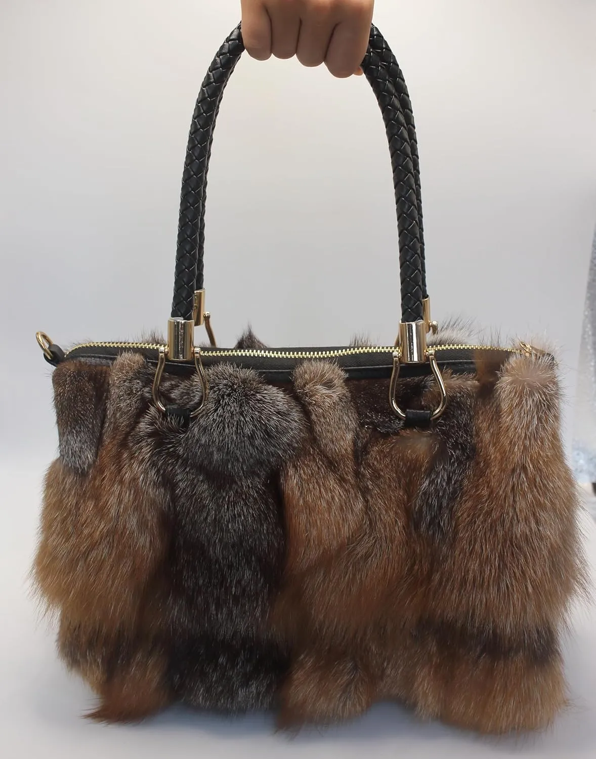 Fosrion Luxury Real Fox Fur Handbag For Women Ladies Furry Shoulder Bag