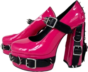 Frankie Hsu Women's Gothic Large Size Black Patent Leather Buckle Belt Ring Rivet Shinny Sexy Platform Chunky High Heels Ankle Strap Heeled Bootie Shoes