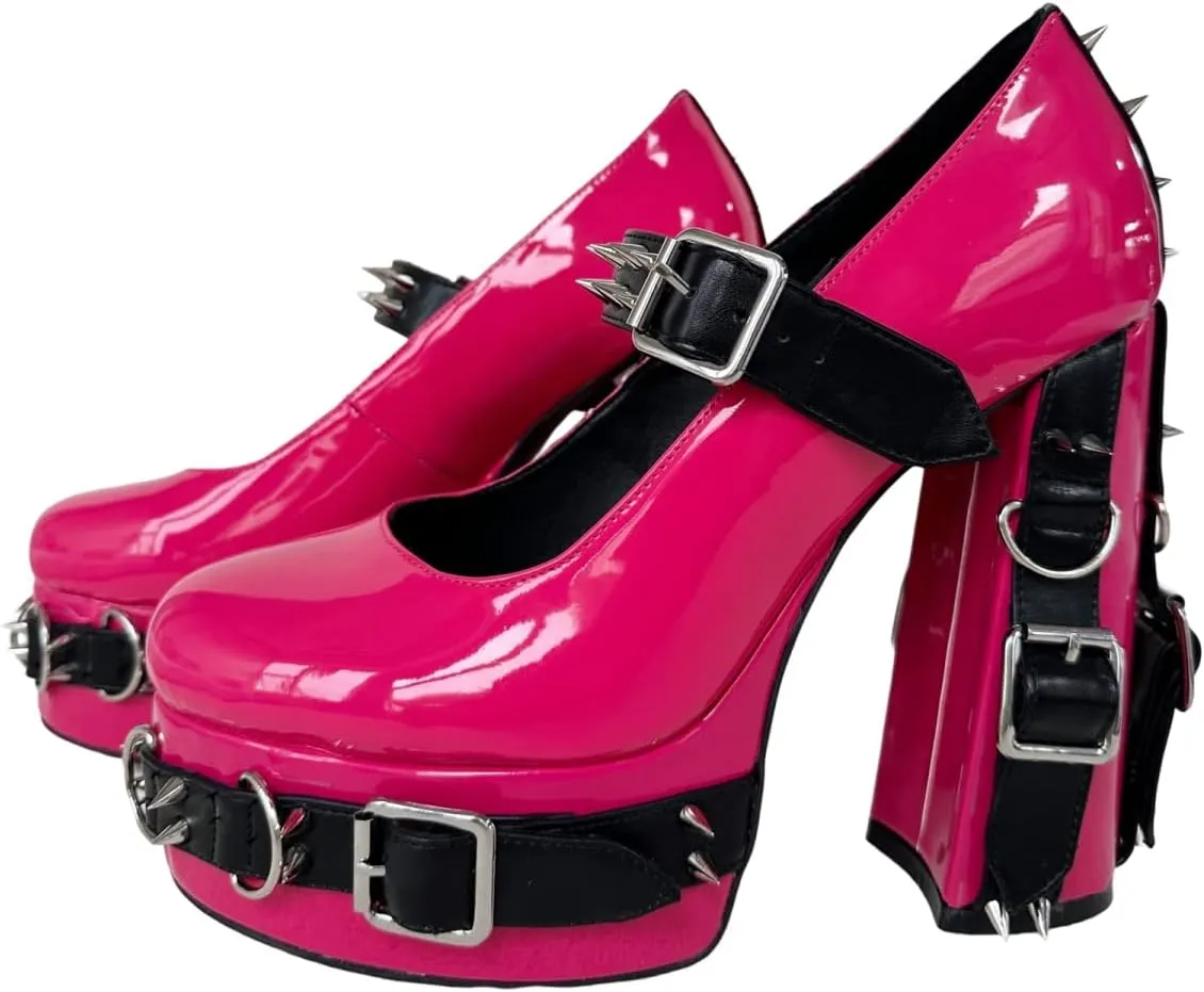 Frankie Hsu Women's Gothic Large Size Black Patent Leather Buckle Belt Ring Rivet Shinny Sexy Platform Chunky High Heels Ankle Strap Heeled Bootie Shoes